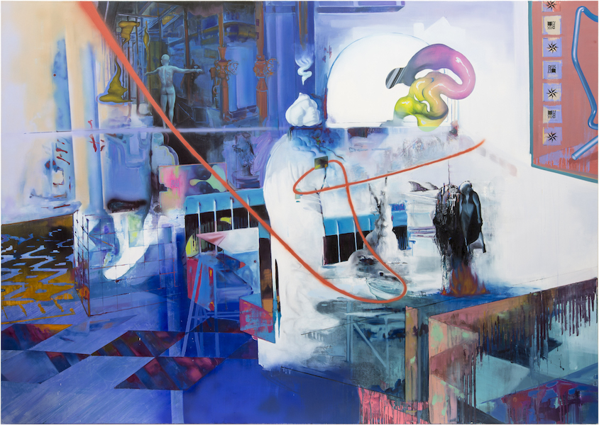 Rui Zhang: A Glace Over My Head, 2020,  oil tempera and spray paint on canvas, 170 x 240 cm 

